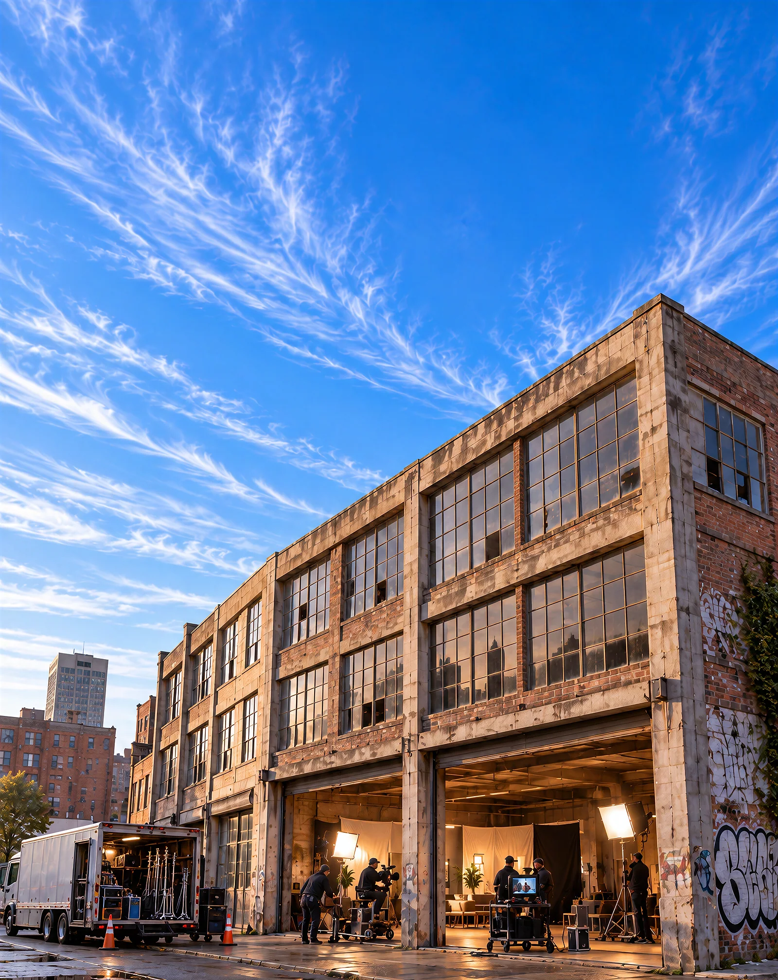 An industrial building in warm evening light. Its open ground-floor loading bays reveal a film crew at work.